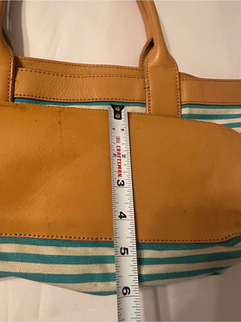 Tory Burch Teal and Cream Striped Canvas Small Sophia Tote with Tan Leather Trim - Picture 16 of 16
